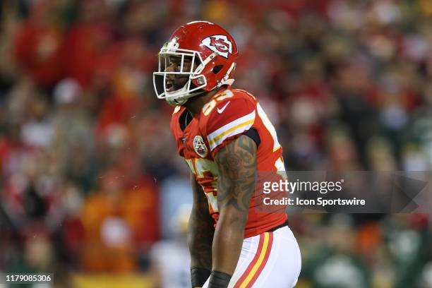 Kansas City Chiefs inside linebacker Anthony Hitchens celebrates after a big tackle in the third quarter of an NFL game between the Green Bay Packers...