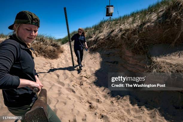 Students Myriam Esthir Hatland and Tanya Deraspe install signs to keep people off dunes in Magdalen Islands, Quebec on June 18, 2019. The islands are...