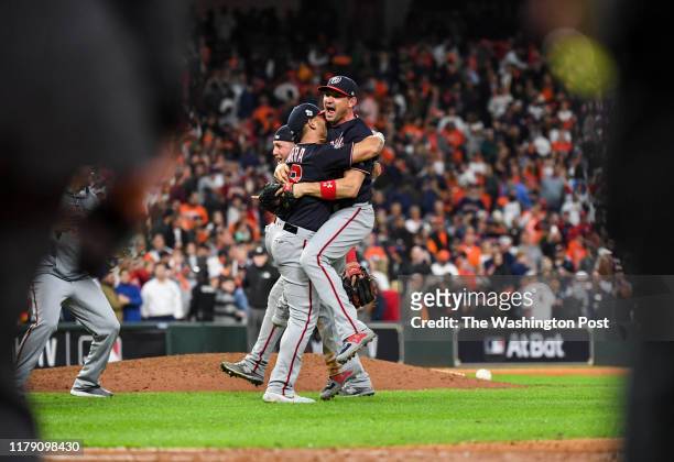 The Washington Nationals celebrate beating the Houston Astros 6-2 in Game 7 of the World Series at Minute Maid Park on Wednesday, October 30, 2019.