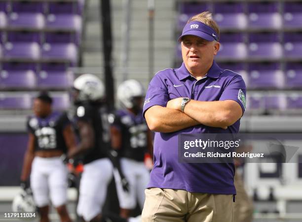 Head coach Gary Patterson of the TCU Horned Frogs in the game against the Kansas Jayhawks at Amon G. Carter Stadium on September 28, 2019 in Fort...