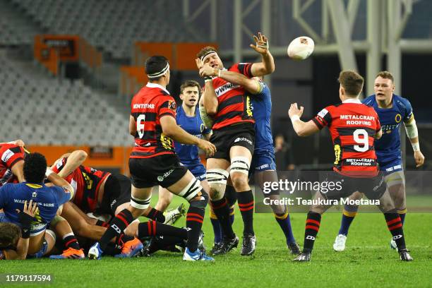 Luke Whitelock of Canterbury passes during the round 9 Mitre 10 Cup match between Otago and Canterbury at Forsyth Barr Stadium on October 05, 2019 in...