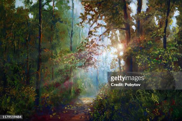 autumn landscape in oil painting - woodland stock illustrations