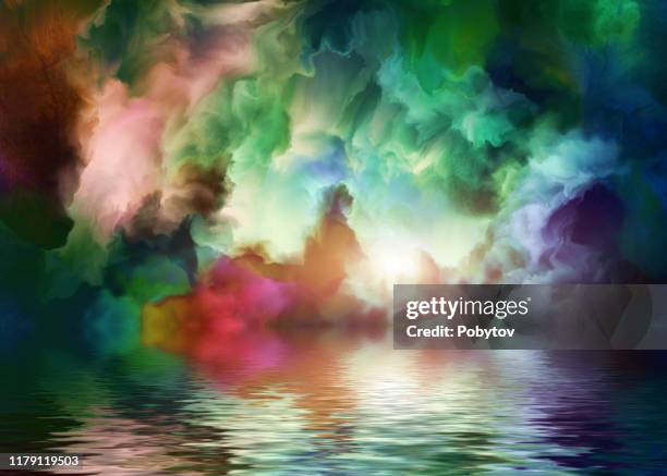 dramatic clouds reflected in the water - epic sunset stock illustrations