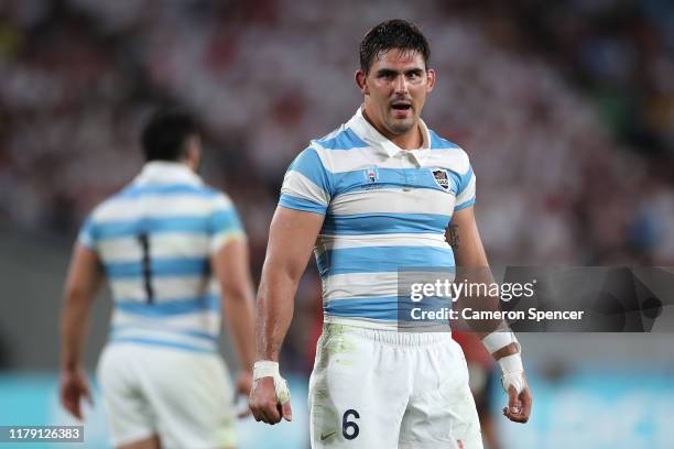 Pablo Matera of Argentina talks to his team mates during the Rugby World Cup 2019 Group C game between England and Argentina at Tokyo Stadium on...