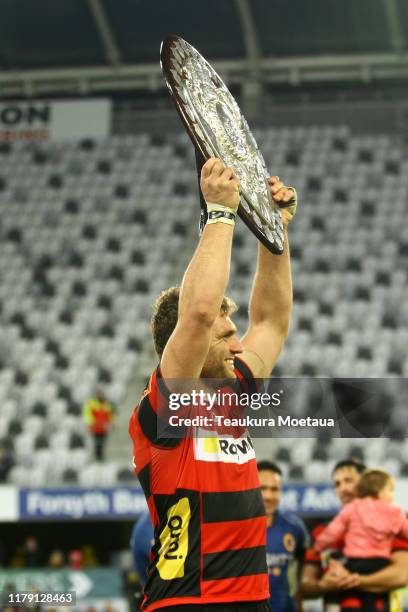 Captain Luke Whitelock of Canterbury celebrates winning the Ranfurly Shield during the round 9 Mitre 10 Cup match between Otago and Canterbury at...