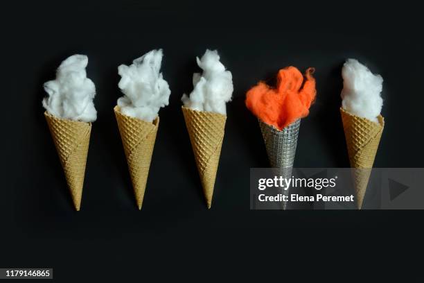 five cones for ice cream with cotton candy - candy floss stock pictures, royalty-free photos & images