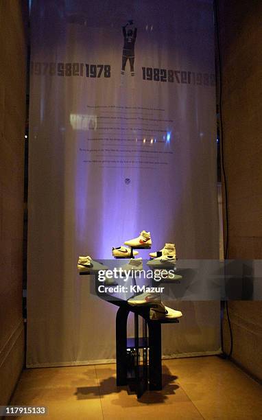 Display showcasing 30 years of Nike Basketball sneakers