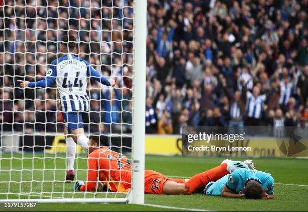 Aaron Connolly of Brighton and Hove Albion celebrates after scoring his team's second goal during the Premier League match between Brighton & Hove...