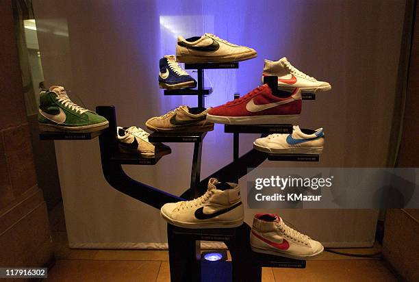 Display showcasing 30 years of Nike Basketball sneakers