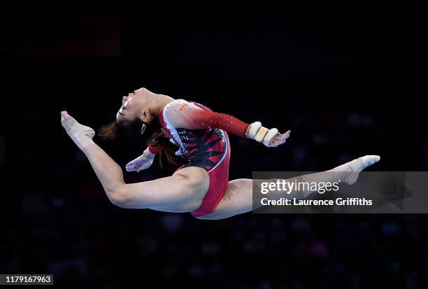 Asuka Teramoto of Japan performs her floor routine during Day 2 of the FIG Artistic Gymnastics World Championships on October 05, 2019 in Stuttgart,...