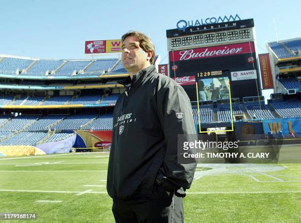Oakland Raiders' head coach Bill Callahan looks over the field as the team arrives for a walkthrough at Qualcomm Stadium 25 January 2003 in...