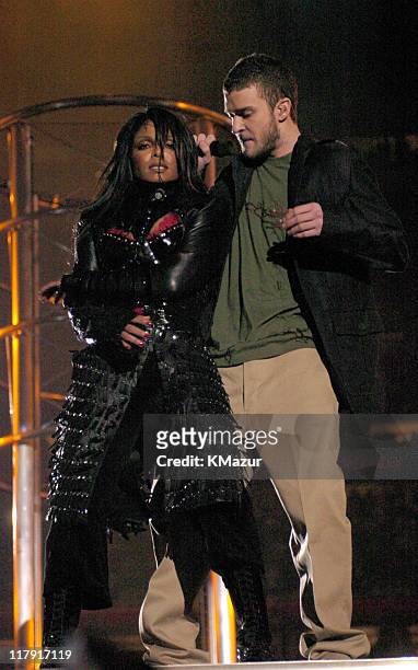 Janet Jackson and Justin Timberlake during The AOL TopSpeed Super Bowl XXXVIII Halftime Show Produced by MTV at Reliant Stadium in Houston, Texas,...