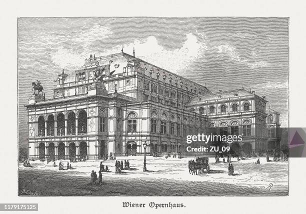 historische ansicht der wiener staatsoper, österreich, veröffentlicht 1885 - oper stock-grafiken, -clipart, -cartoons und -symbole