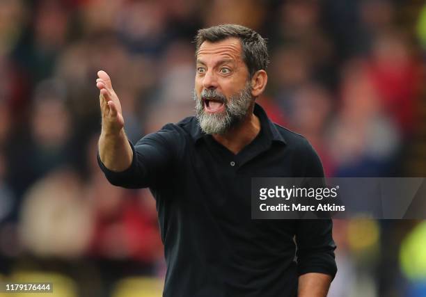 Quique Sanchez Flores, Manager of Watford reacts during the Premier League match between Watford FC and Sheffield United at Vicarage Road on October...
