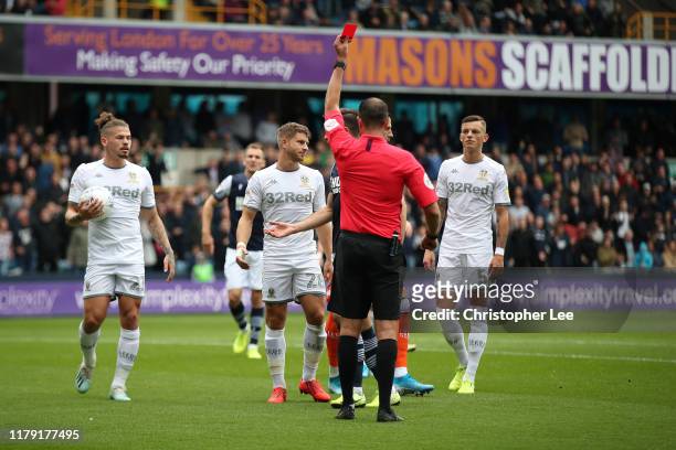 Gaetano Berardi of Leeds is sent off during the Sky Bet Championship match between Millwall and Leeds United at The Den on October 05, 2019 in...