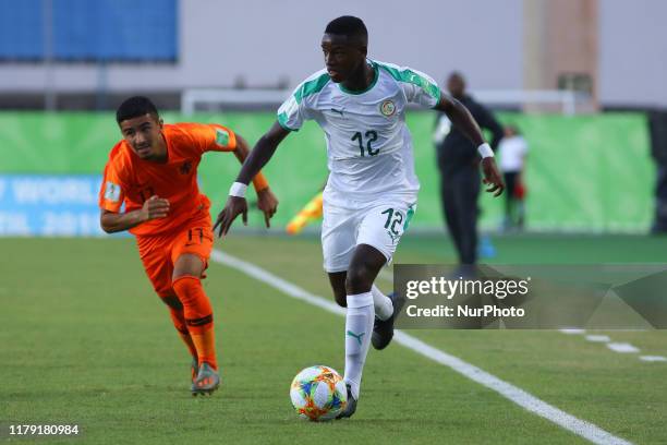 Birame Diaw of Senegal and Jayden Braaf of Netherlands during the FIFA U-17 World Cup Brazil 2019 group D match between Netherlands and Senegal at...