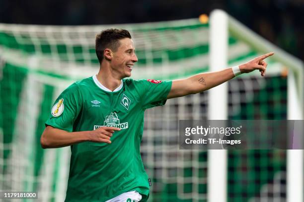 Marco Friedl of Werder Bremen celebrates after scoring his team's fourth goal during the DFB Cup second round match between Werder Bremen and 1. FC...