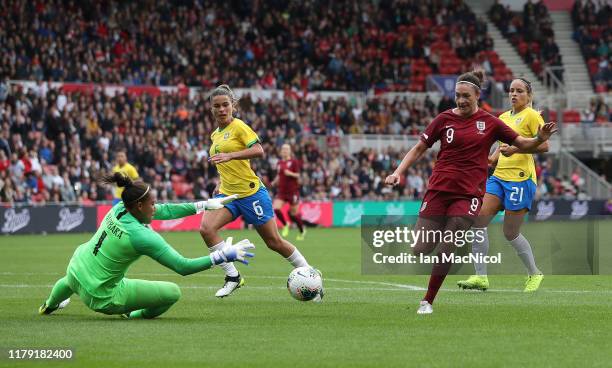 Jill Scott of England runs through on goal during the International friendly match between England and Brazil at Riverside Stadium on October 05,...