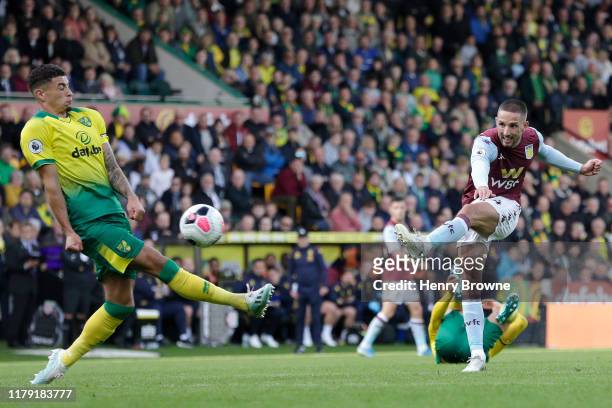 Conor Hourihane of Aston Villa scores his sides fourth goal during the Premier League match between Norwich City and Aston Villa at Carrow Road on...