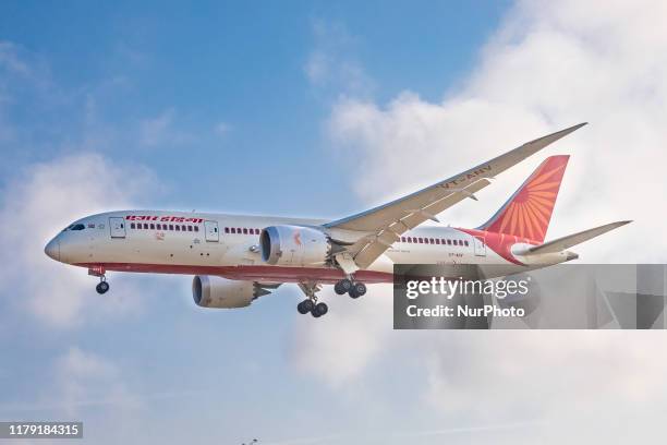 Air India Boeing 787-8 Dreamliner airplane as seen on final approach landing at London Heathrow International Airport LHR EGLL in England, UK. The...