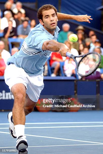 Pete Sampras returns a volley against Xavier Malisse during the first set of their semi-final match in Los Angeles Saturday July 28, 2001.