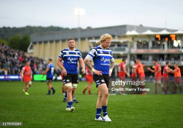 Tom Homer of Bath Rugby cuts a dejected figure as he makes his way off at the end of the match during the Premiership Rugby Cup Third Round match...