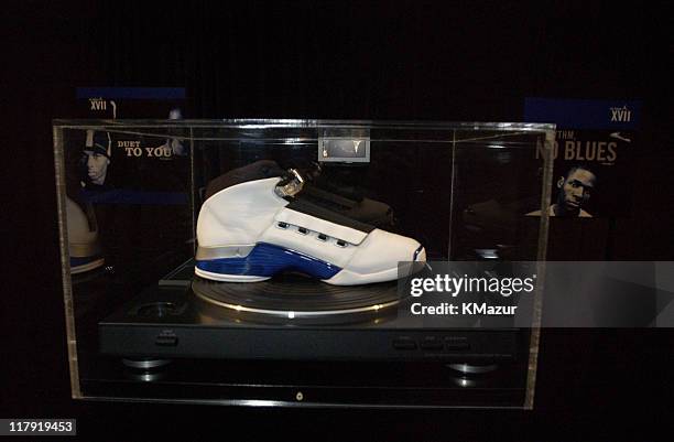 Display showcasing 30 years of Nike Basketball sneakers