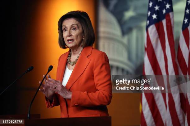 Speaker of the House Nancy Pelosi delivers remarks at a press conference at the U.S. Capitol on October 31, 2019 in Washington, DC. Later today The...