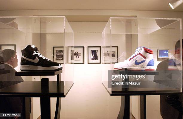 Display showcasing 30 years of Nike Basketball sneakers