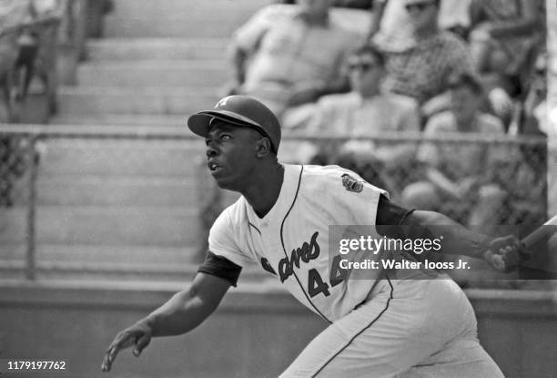 Milwaukee Braves Hank Aaron in action, at bat during spring training game at West Palm Beach Municipal Stadium. West Palm Beach, FL 3/21/1964 CREDIT:...
