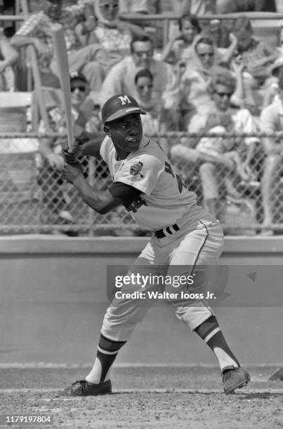 Milwaukee Braves Hank Aaron in action, at bat during spring training game at West Palm Beach Municipal Stadium. West Palm Beach, FL 3/21/1964 CREDIT:...