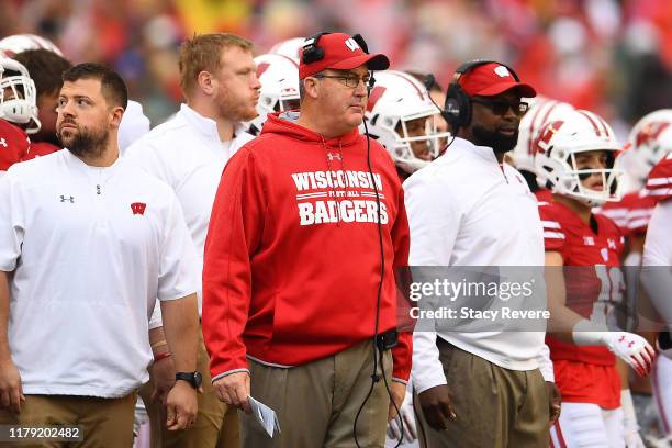 Head coach Paul Chryst of the Wisconsin Badgers watches action during a game against the Kent State Golden Flashes at Camp Randall Stadium on October...