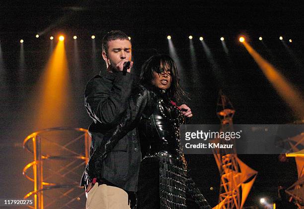 Janet Jackson and Justin Timberlake during The AOL TopSpeed Super Bowl XXXVIII Halftime Show Produced by MTV at Reliant Stadium in Houston, Texas,...