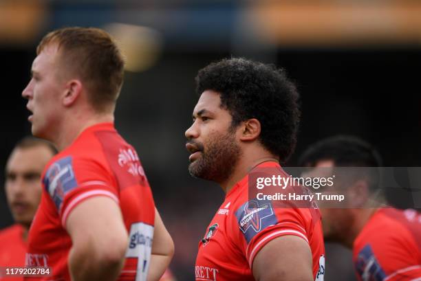 Tatafu Polota-Nau of Leicester Tigers during the Premiership Rugby Cup Third Round match between Bath Rugby and Leicester Tigers at The Recreation...