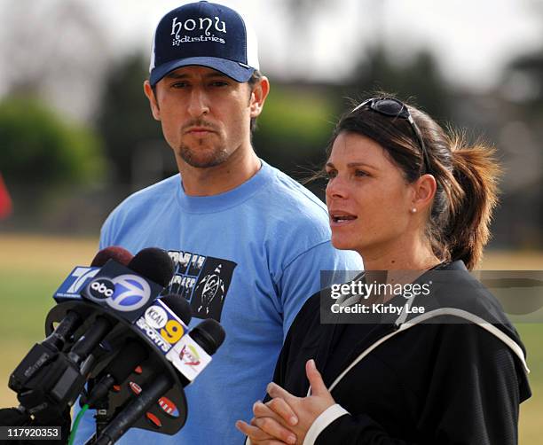 Soccer player Mia Hamm and husband Nomar Garciaparra of the Los Angeles Dodgers speak at press conference at St. John Bosco High School in...