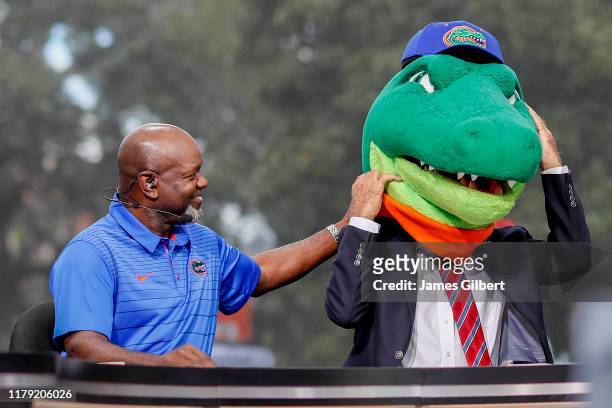 Emmitt Smith reacts after Lee Coroso announces his pick during ESPN's College Gameday at the University of Florida on October 05, 2019 in...