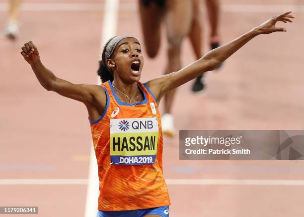 Sifan Hassan of Netherlands celebrates wining gold in the Women's 1500 Metres final during day nine of 17th IAAF World Athletics Championships Doha...
