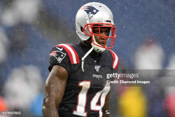 Wide receiver Mohamed Sanu of the New England Patriots on the field prior to a game against the Cleveland Browns on October 27, 2019 at Gillette...