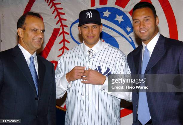 Joe Torre, Alex Rodriguez and Derek Jeter during Alex Rodriguez Signs wit h The New York Yankees - Press Conference at Yankee Stadium in New York...