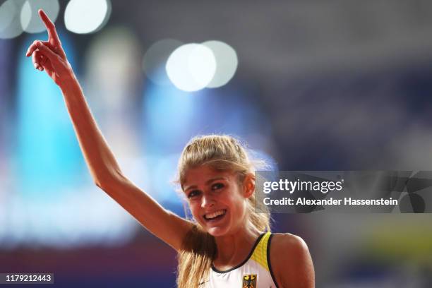 Konstanze Klosterhalfen of Germany celebrates bronze in the Women's 5000 Metres final during day nine of 17th IAAF World Athletics Championships Doha...