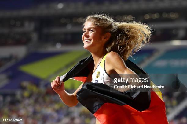 Konstanze Klosterhalfen of Germany celebrates bronze in the Women's 5000 Metres final during day nine of 17th IAAF World Athletics Championships Doha...