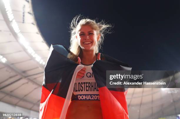 Konstanze Klosterhalfen of Germany celebrates bronze in the Women's 5000 Metres final during day nine of 17th IAAF World Athletics Championships Doha...