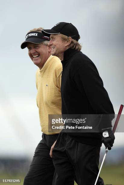 Michael Douglas and Colin Montgomerie during the second round of the 2006 Alfred Dunhill Links Championship held on the St Andrews Old Course on...