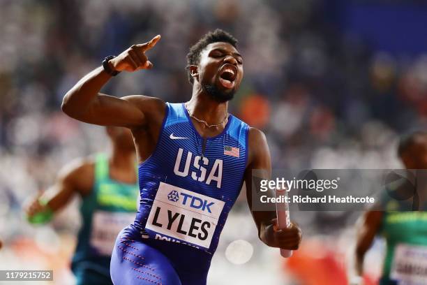 Noah Lyles of the United States celebrates gold in the Men's 4x100 Metres Relay during day nine of 17th IAAF World Athletics Championships Doha 2019...
