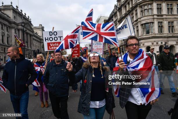 Pro-Brexit activists protest outside the Houses of Parliament on what would have been the day that the United Kingdom left the European Union, on...