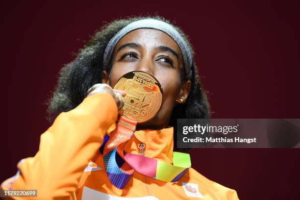 Sifan Hassan of the Netherlands, gold, poses during the medal ceremony for the Women's 1500 Metres during day nine of 17th IAAF World Athletics...