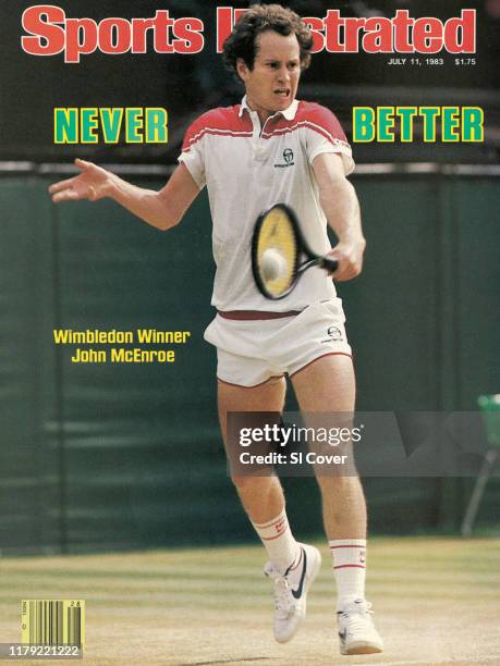 July 11, 1983 Sports Illustrated Cover: Tennis: Wimbledon: USA John McEnroe in action during match at All England Club. London, England...