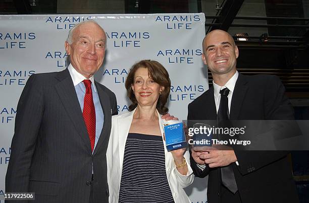 Leonard Lauder, Evelyn Lauder and Andre Agassi during Tennis Superstar Andre Agassi Launches New Men's Fragrance - Aramis Life at Christies in New...