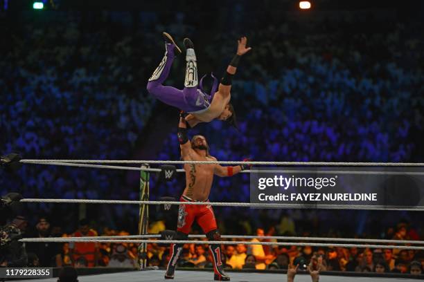 Styles fights against Humberto Carrillo during the World Wrestling Entertainment Crown Jewel pay-per-view in Riyadh on October 31, 2019.