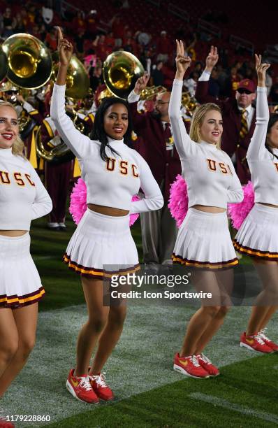 Trojans cheerleaders on the field after the Trojans defeated the Arizona Wildcats 41 to 14 in a game played on October 19, 2019 at the Los Angeles...